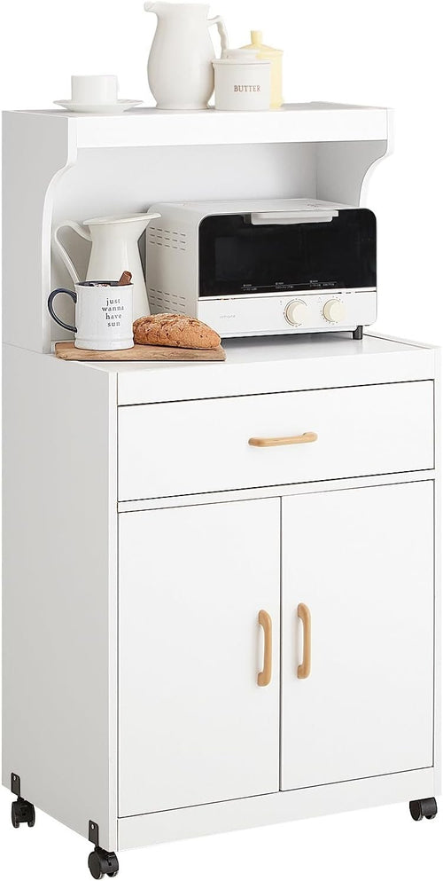 Kitchen Trolley Cabinet on Wheels with Drawer Cupboard Microwave Stand White