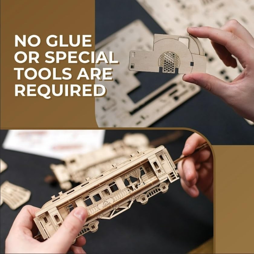 Wooden 3D Steam Train Puzzle Kit with Movable Wheels – DIY Decor