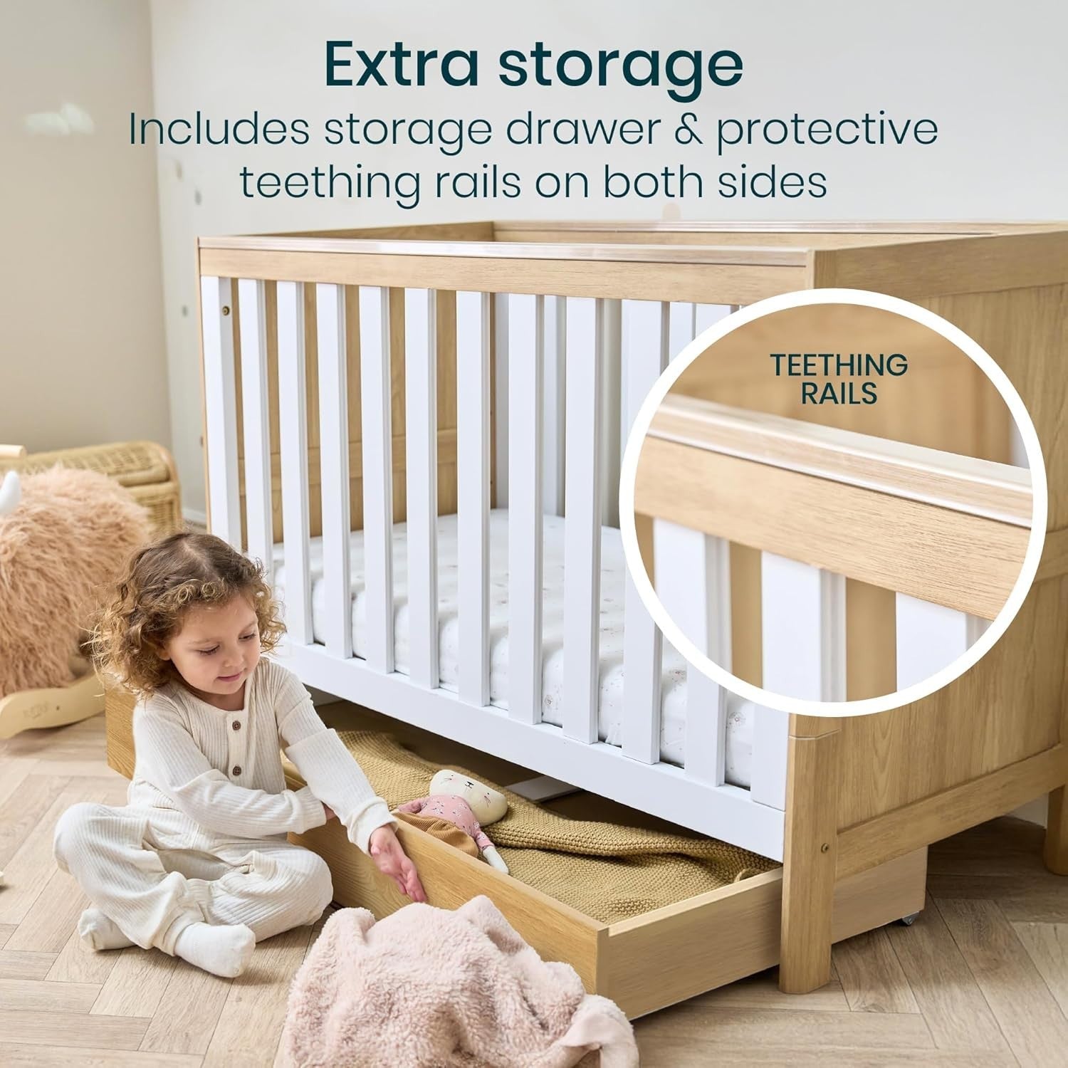 3in1 Mini Cot Bed with Drawer Toddler Sofa Adjustable Height Wooden Frame