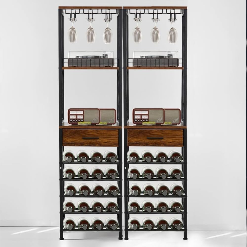 Tall Wine Rack Cabinet with Drawer & Glass Holder, 20 Bottle Storage Shelf Stand