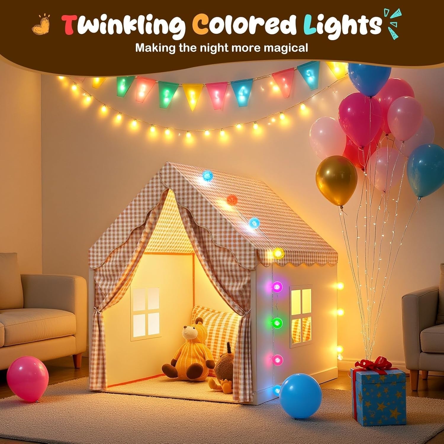 Neutral Kids Play Tent w Lights Foldable Indoor Outdoor Playhouse
