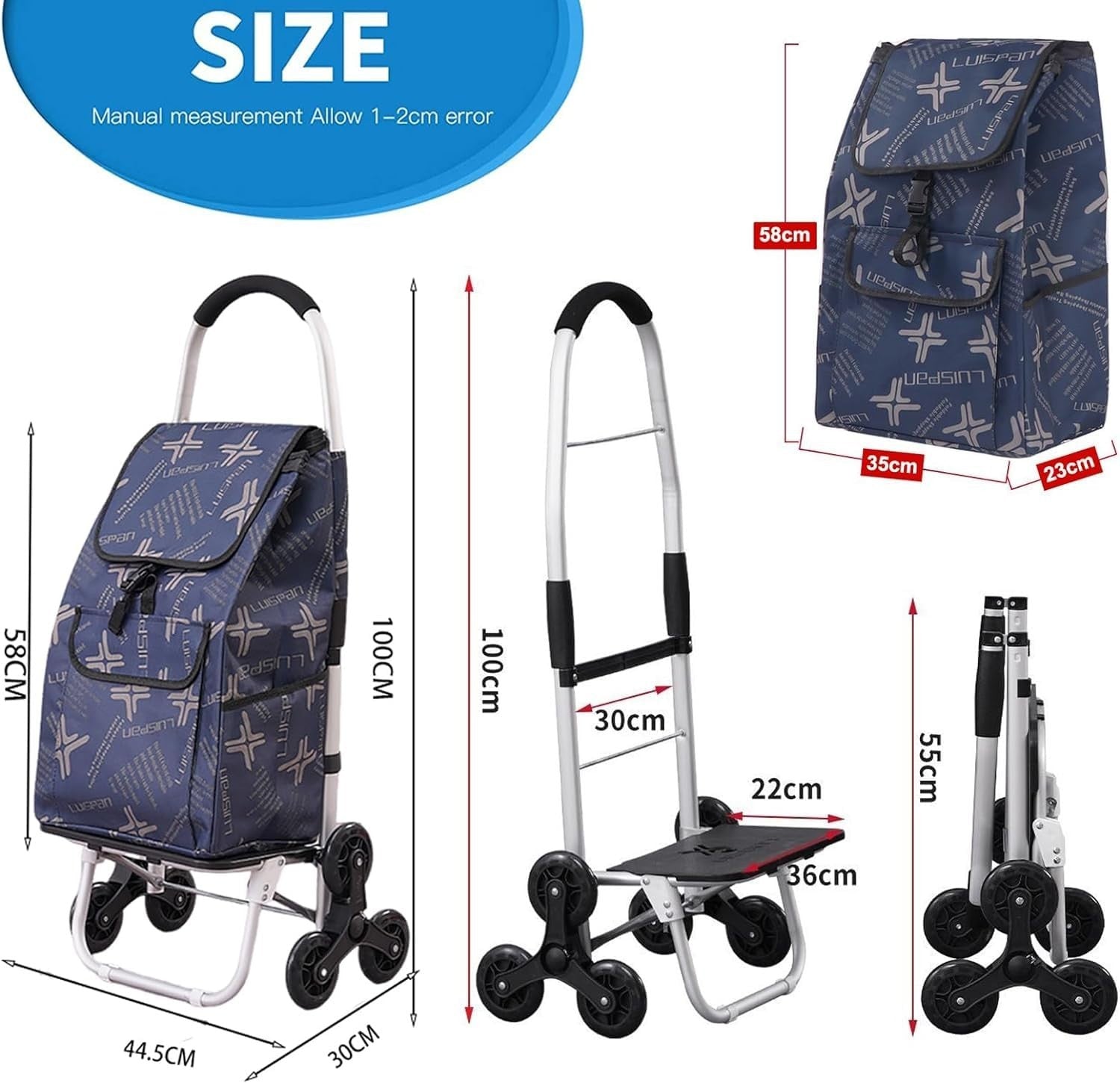2-in-1 Foldable Stair Climber Shopping Trolley 6-Wheel Lightweight Cart 40KG