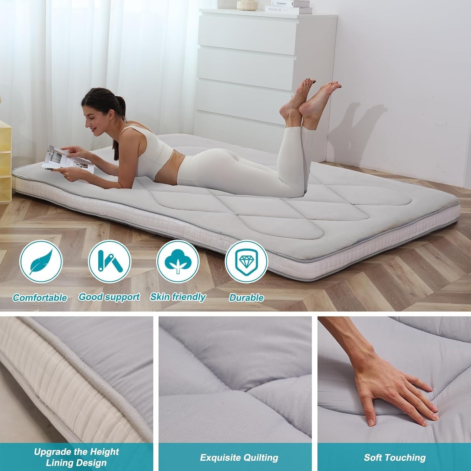 King Floor Futon Mattress Roll-Up Bed Tatami Camping Guest Foam Mat - Grey