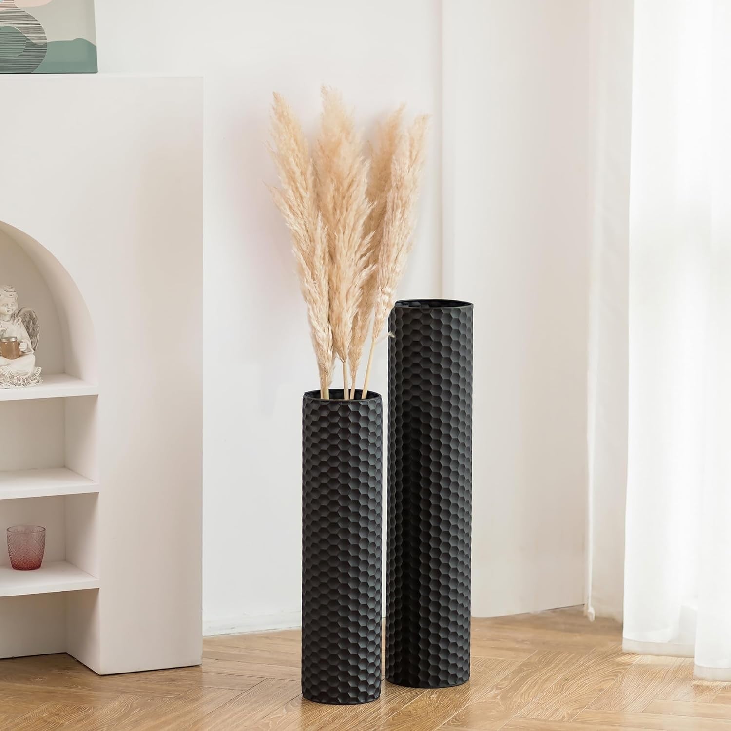 Large Floor Vase Set of 2 Black Metal Standing Vases Modern Home Decor