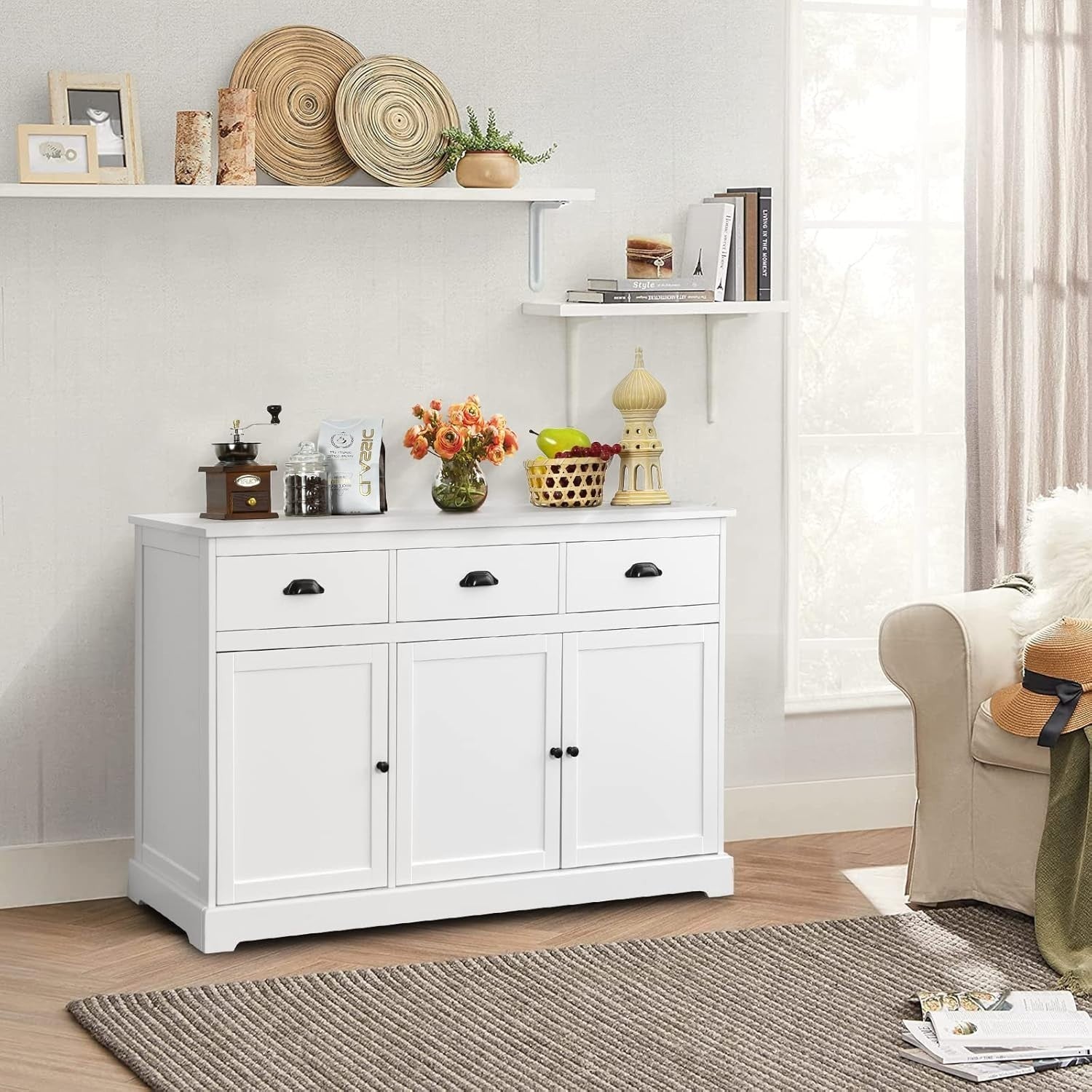 White Large Sideboard Buffet Cabinet with 3 Drawers & Adjustable Shelves