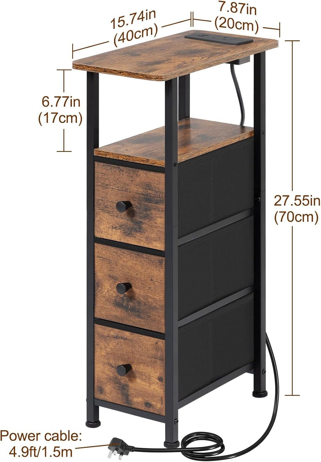 Slim Bedside Tables Set of 2 with LED Light, Charging Ports & Storage Drawers