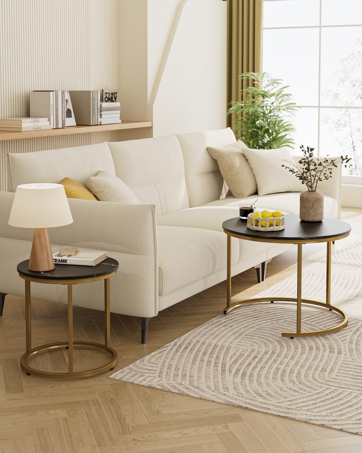 Round Nesting Coffee Tables Set of 2 Grey Top Black Frame, Space Black and Gold