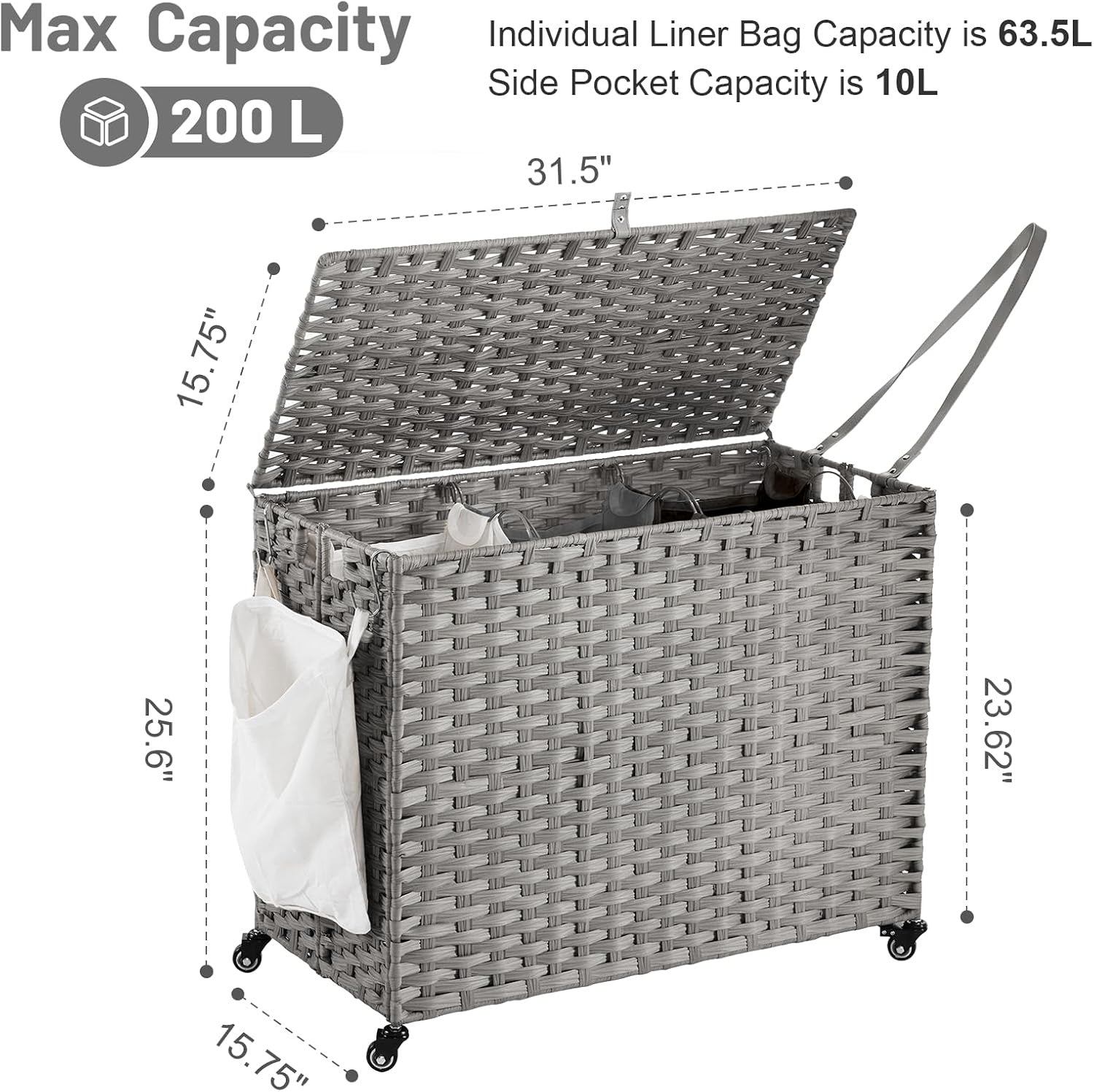 200L Rolling Wicker Laundry Hamper with Lid | 3 Removable Bags & Side Pocket | L