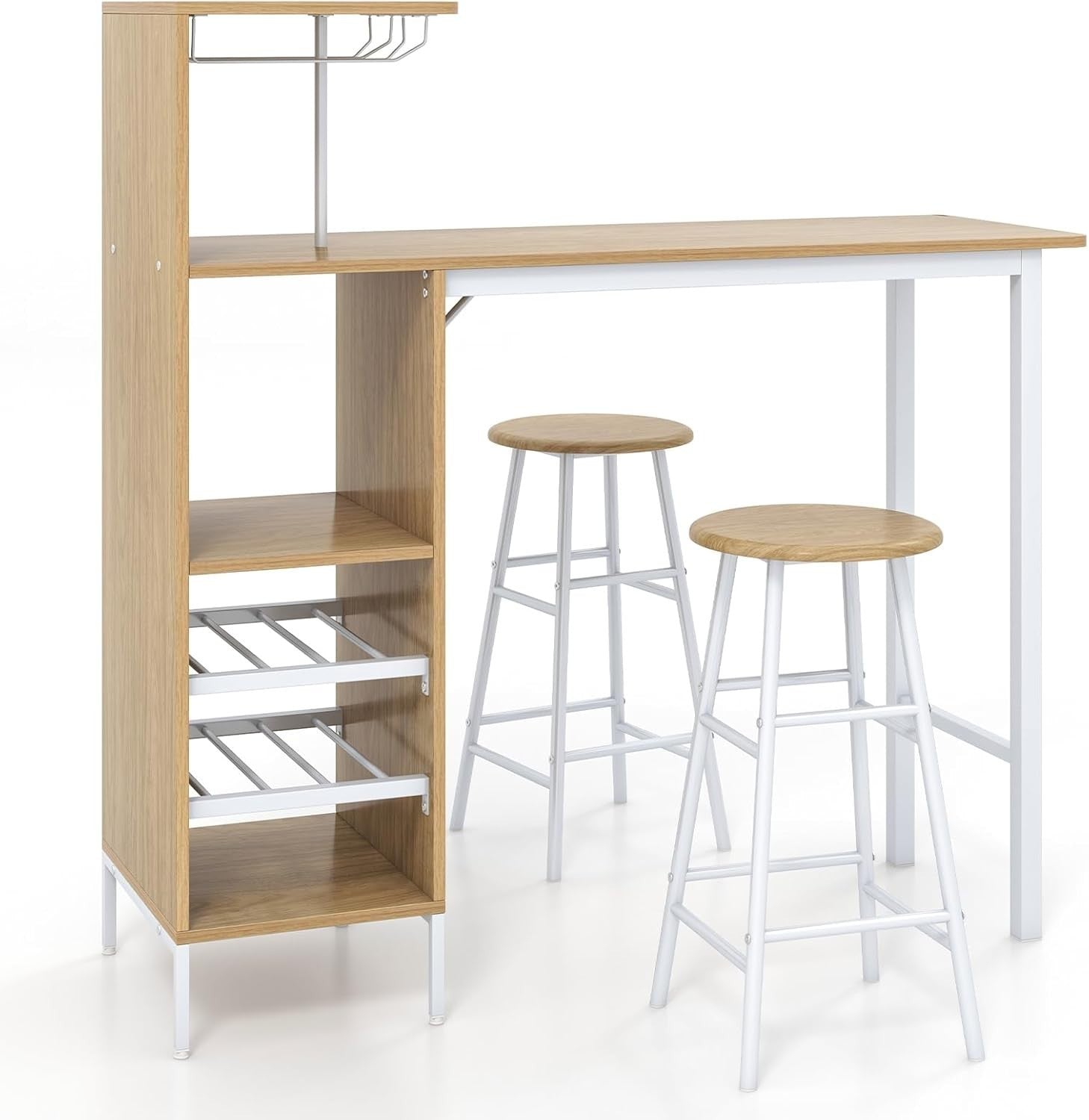 3 Piece Bar Table Set with Wine Racks & Stools, Natural Wood Steel Frame Sets