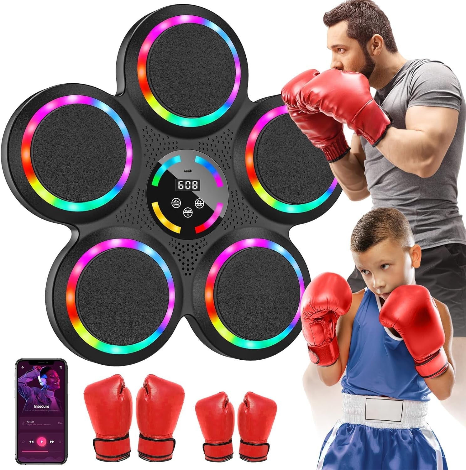Music Boxing Machine LED Punch Trainer Bluetooth Wall Mounted Gloves Set