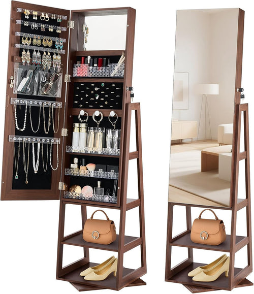 360 Swivel Standing Jewelry Organizer Mirror Lockable Rotating Storage Cabinet
