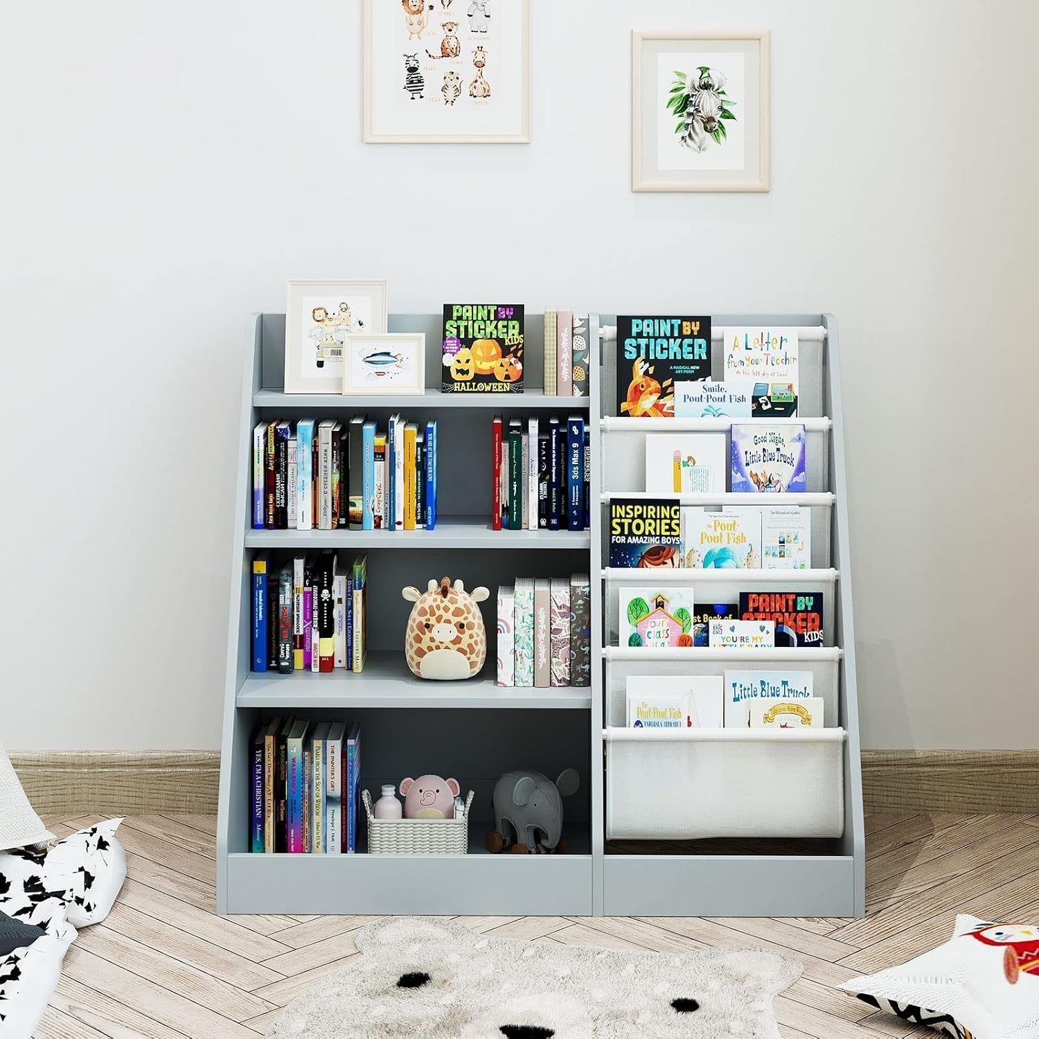 Kids Bookshelf with 5 Sling Pockets & 4 Shelves – Wooden Toy Organizer