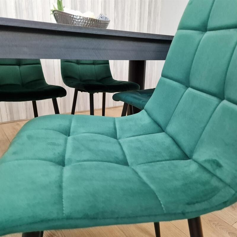 Dark Wood Dining Table Set with 4 Green Velvet Chairs Kitchen Furniture