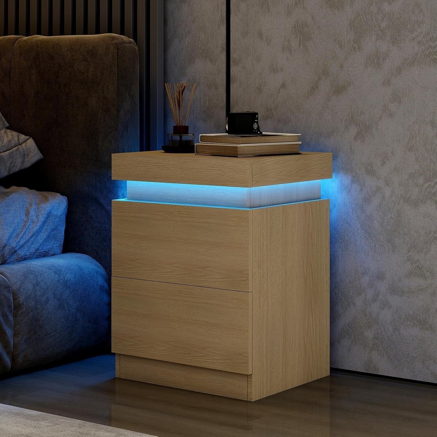 Modern Oak LED Bedside Table with USB Charging, 2 Drawers & Sliding Top Cabinet