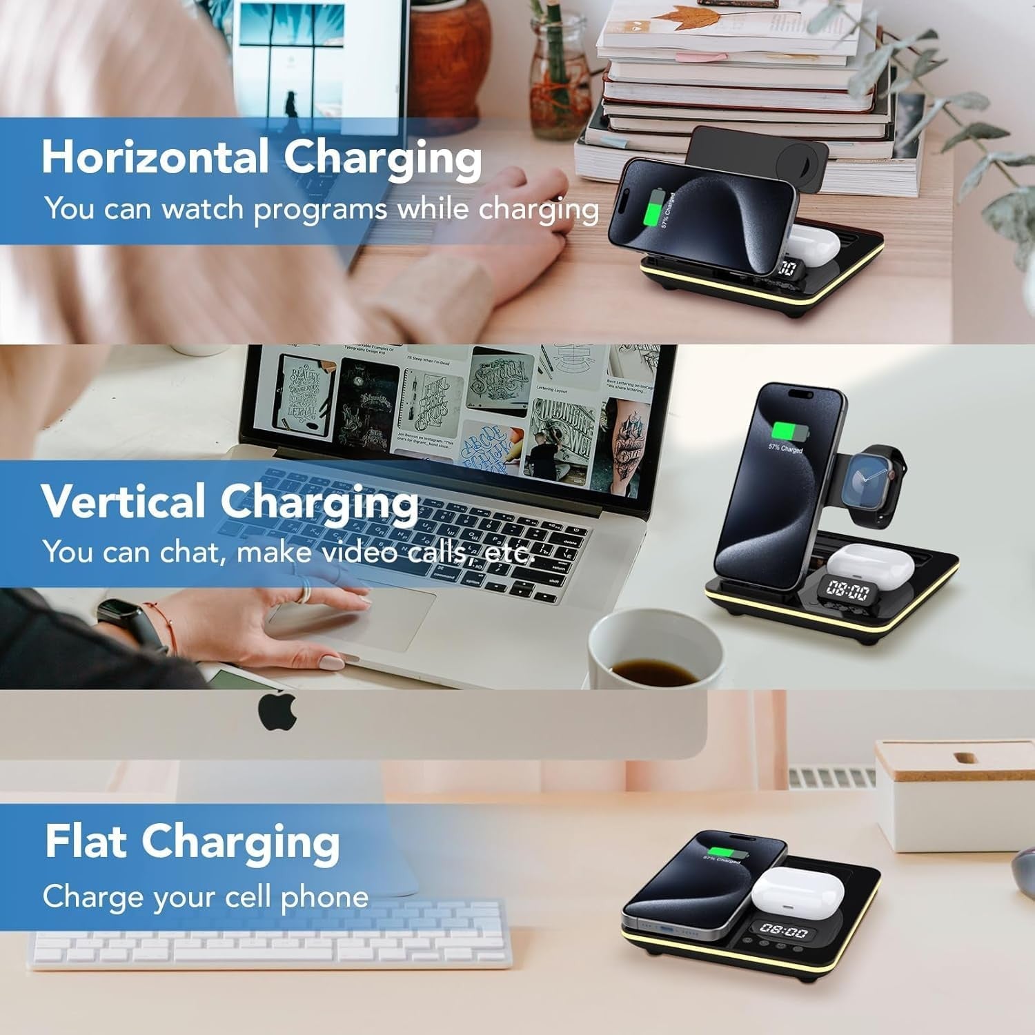 5 in 1 Foldable Wireless Charging Station Clock Night Light Stand