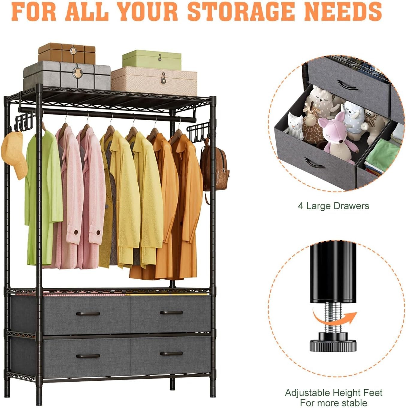 Heavy Duty Clothes Rail with 4 Drawers Metal Garment Rack