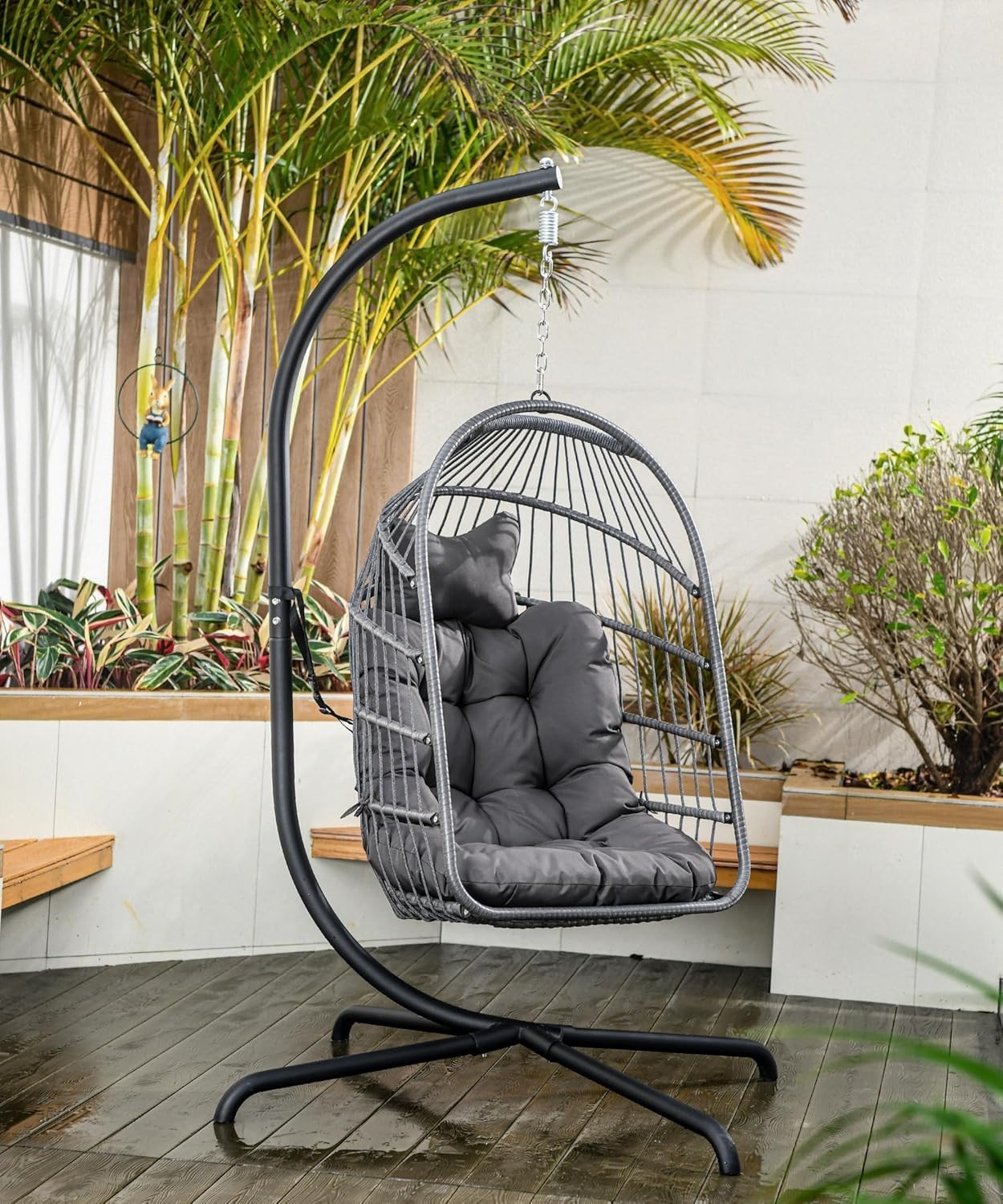 Hanging Swing Egg Chair with Stand & Soft Cushion for Indoor Outdoor Dark Grey