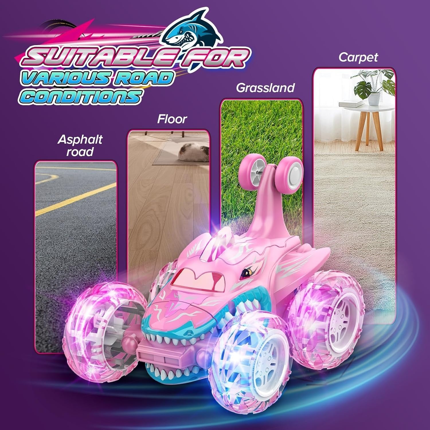 Girls RC Car 360° Flip LED Shark Toy Monster Truck Gift 5 6 7 8 Year Old Kids
