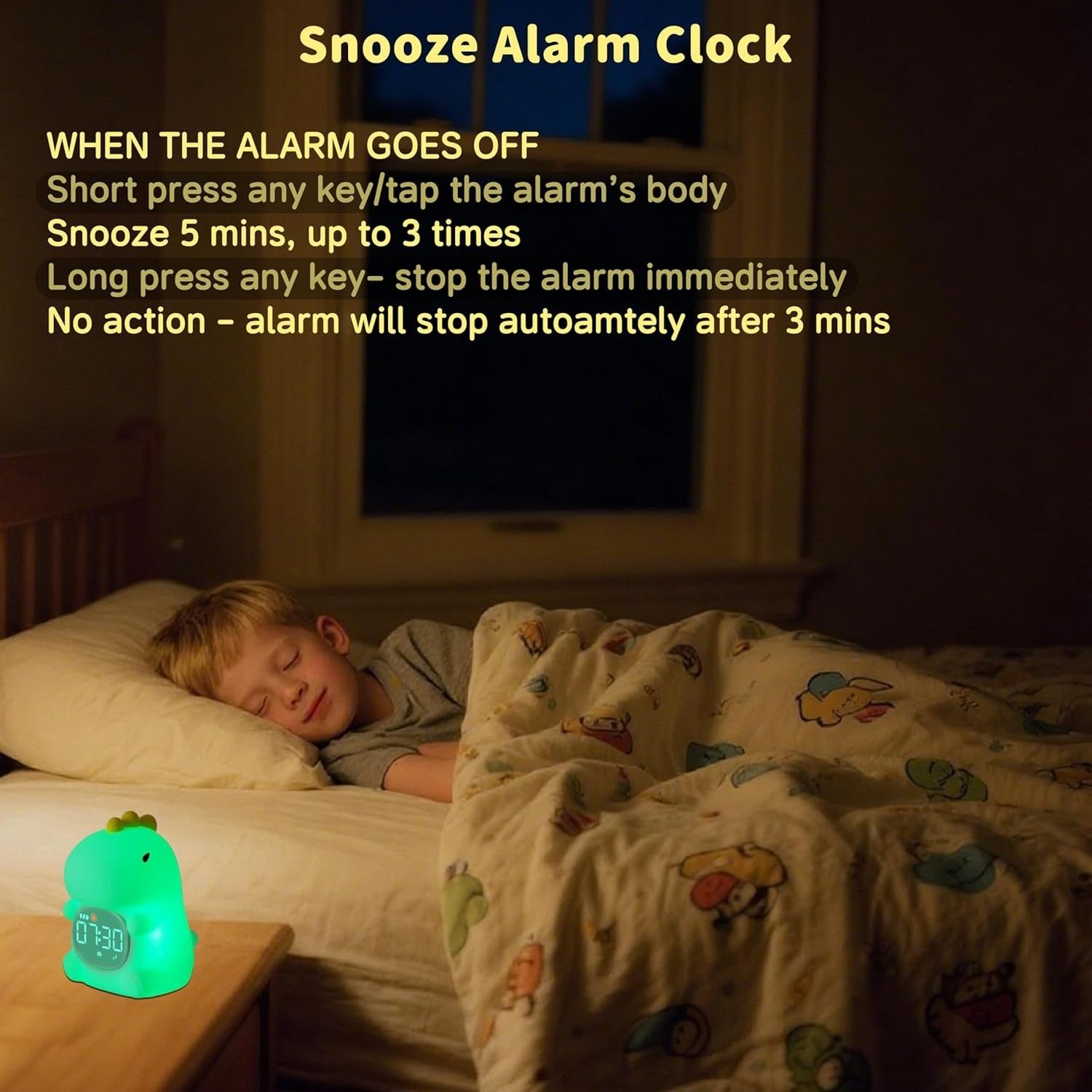 Kids Dinosaur Alarm Clock Night Light Sleep Trainer White Noise Table Lamp