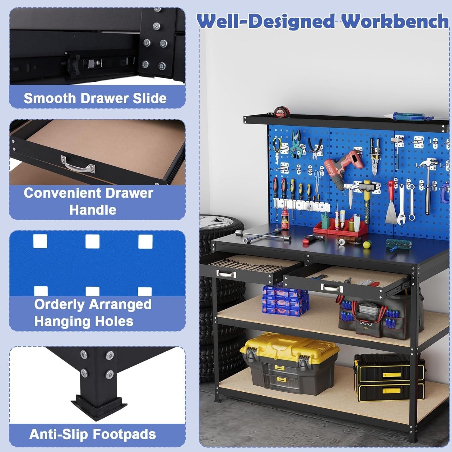 Heavy Duty Garage Workbench with Pegboard Drawers Hooks Tool Station 121x61