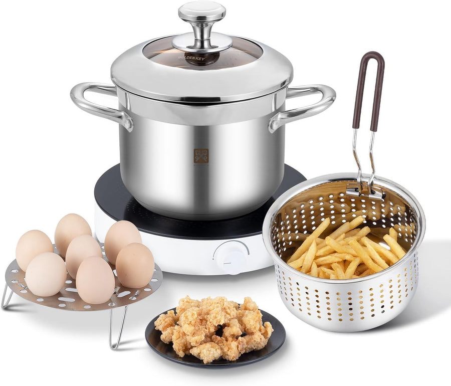4L Stainless Steel Deep Fryer Pot w Strainer Basket Lid Camping Kitchen