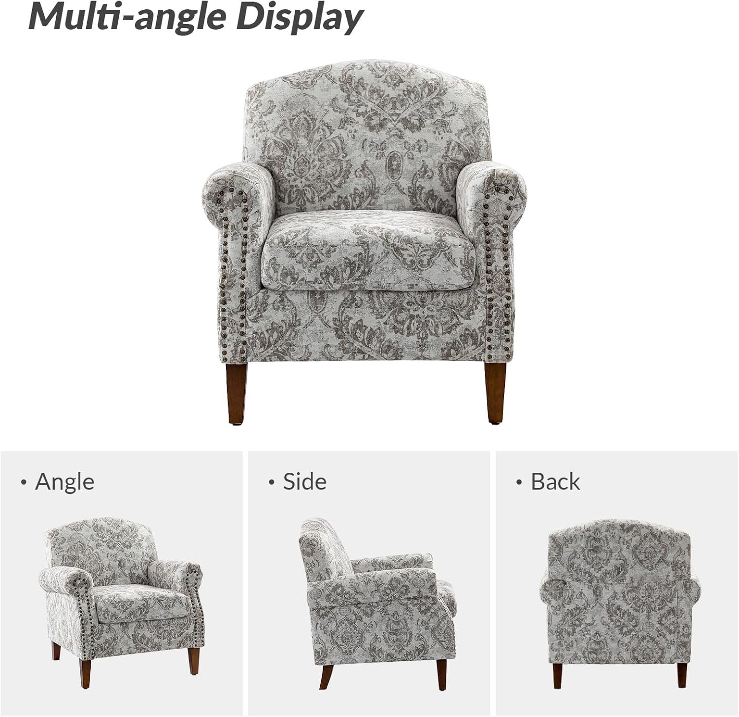 Comfy Floral Armchair Beige Sofa Chair Wood Legs for Living Room Office