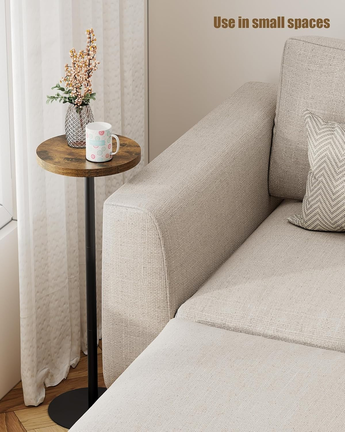 Tall Round Side Table – 25x25x70cm Small End Table Brown