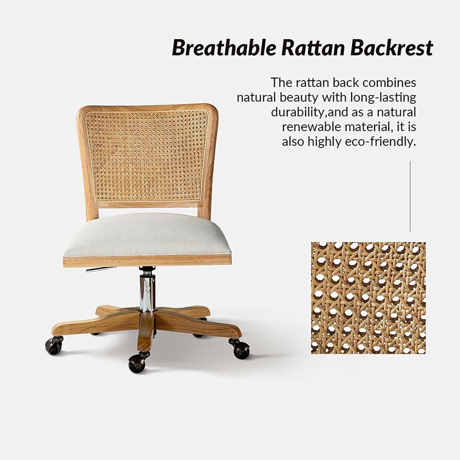 Linen Swivel Office Chair Adjustable Height Upholstered Rattan Desk Seat