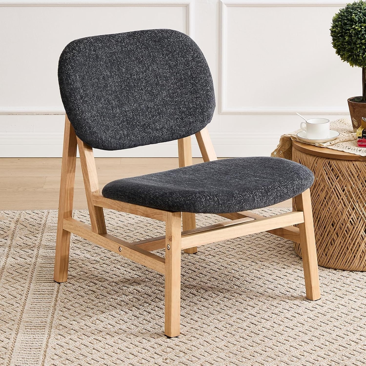 Retro Wooden Lounge Chair Grey Chenille Armchair for Living Room Decor