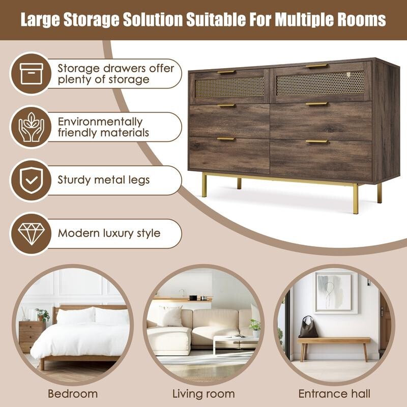 Dark Wood Sideboard Cabinet 6 Drawers, Metal Legs, Retro Storage Unit