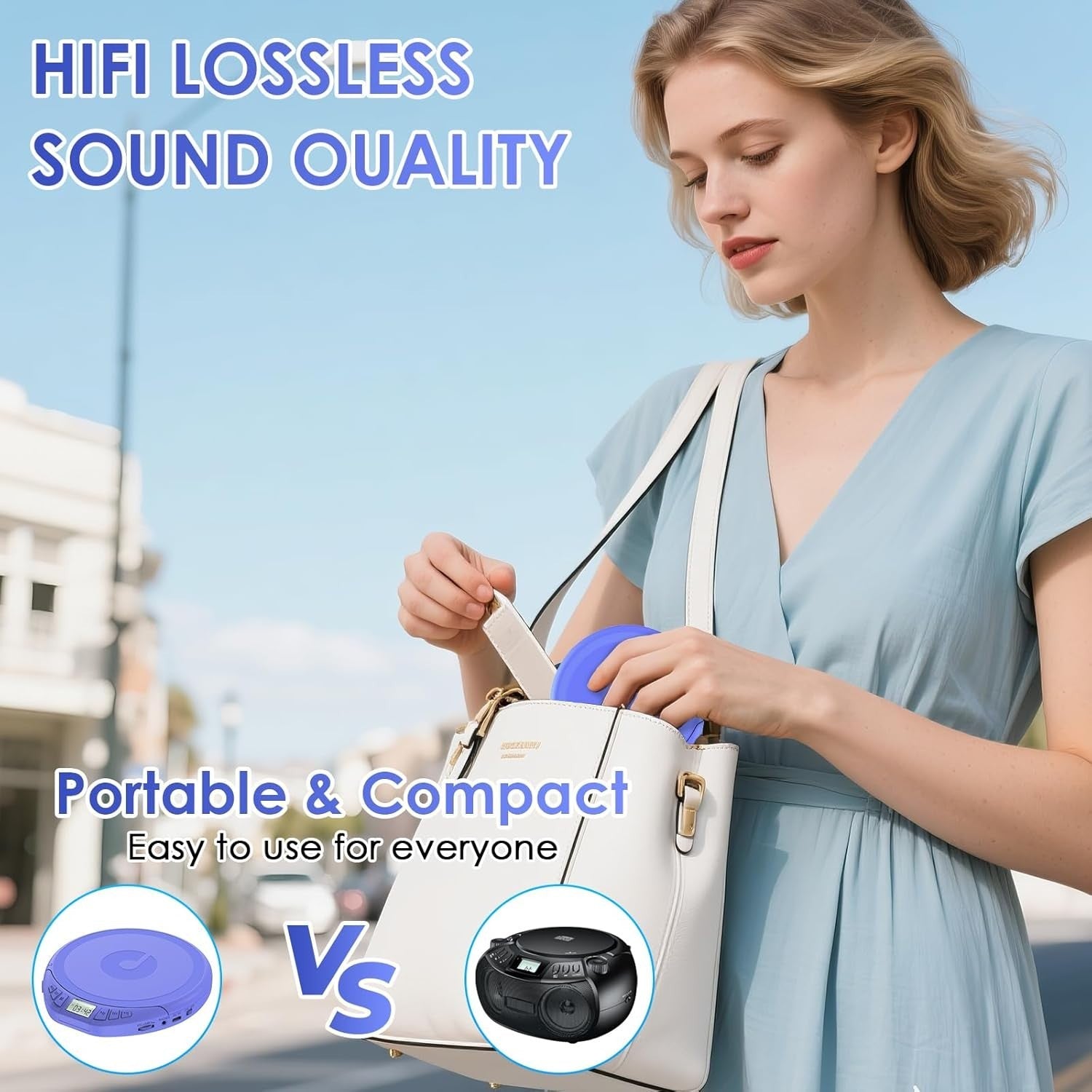 Personal CD Player Portable Anti-Skip LCD Display AUX Car Earphones Blue