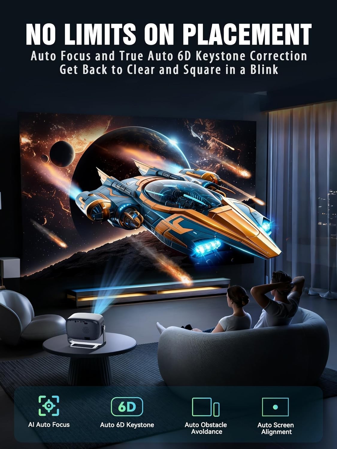 Smart 4K Mini Projector WiFi 6 Bluetooth Auto Focus 1080P 200in