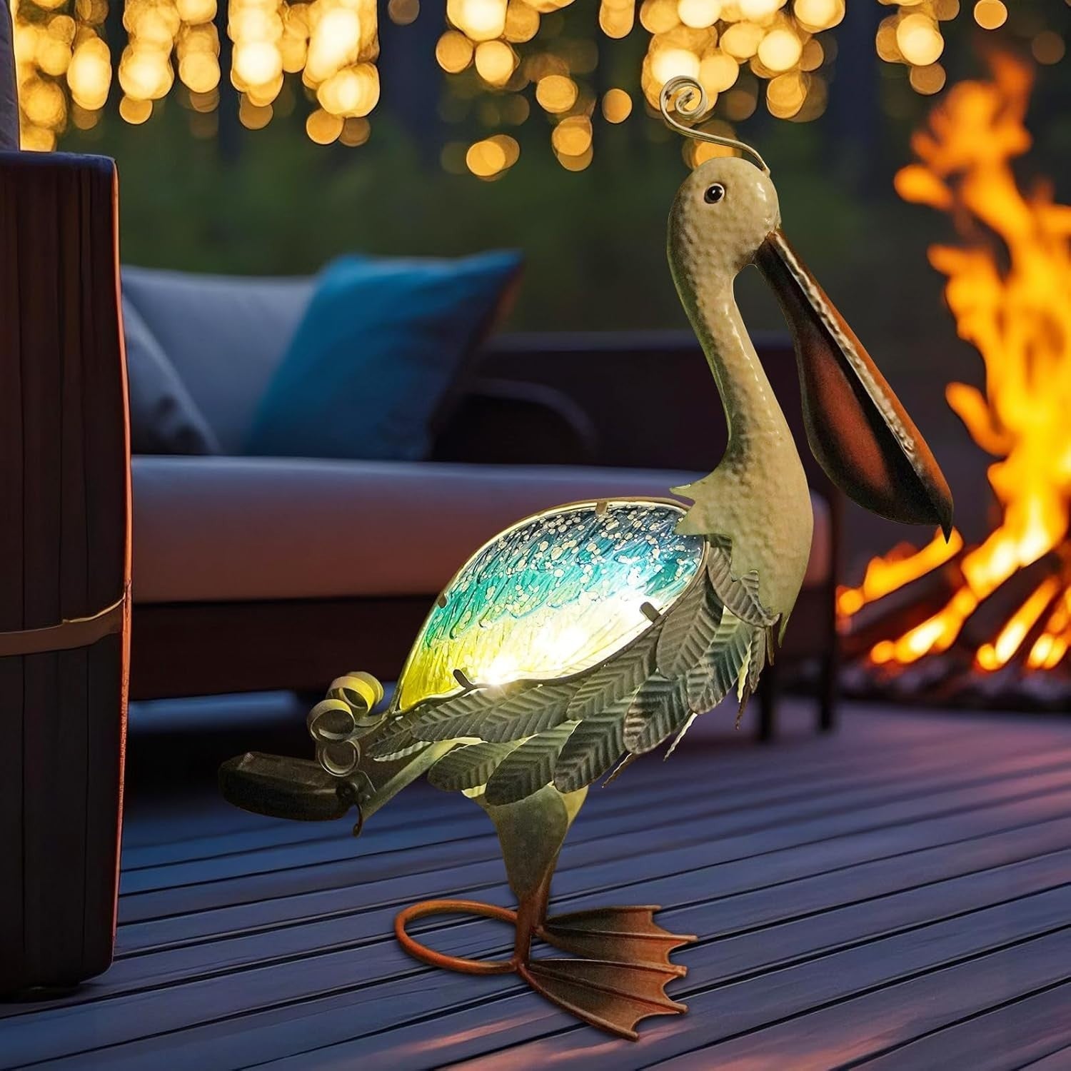 Solar Metal Pelican Garden Ornament LED Light Outdoor Coastal Decor 19"