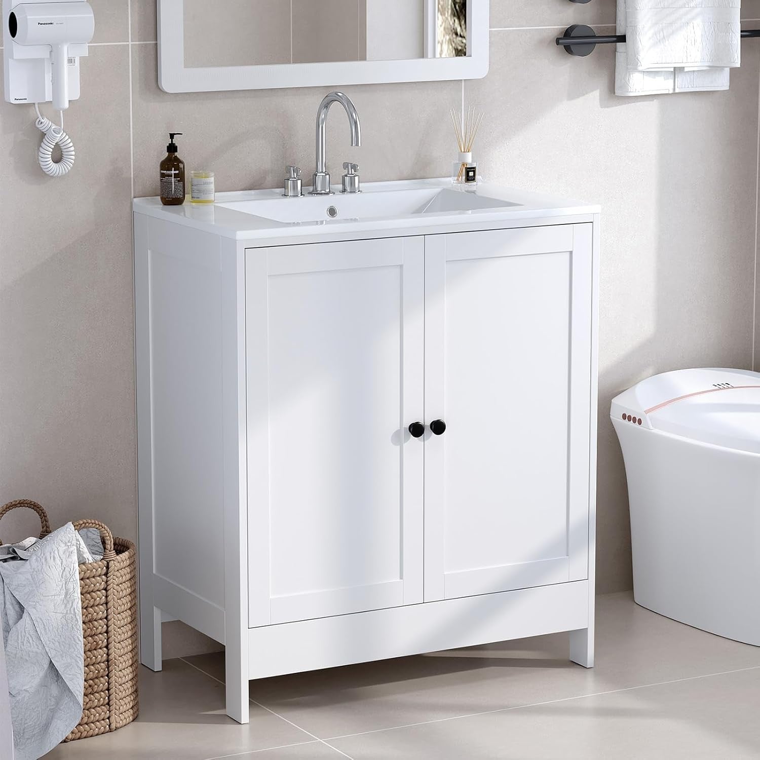 Large White Under Sink Bathroom Cabinet | 61x45x85cm Wooden Storage Unit