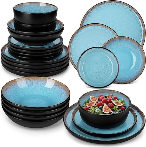 24pc Blue Stoneware Dinner Set Plates Bowls Reactive Glaze Service for 6