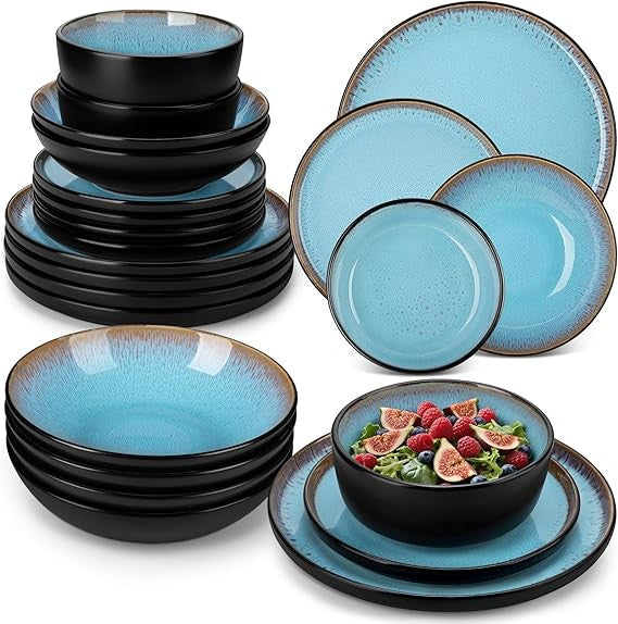 24pc Blue Stoneware Dinner Set Plates Bowls Reactive Glaze Service for 6