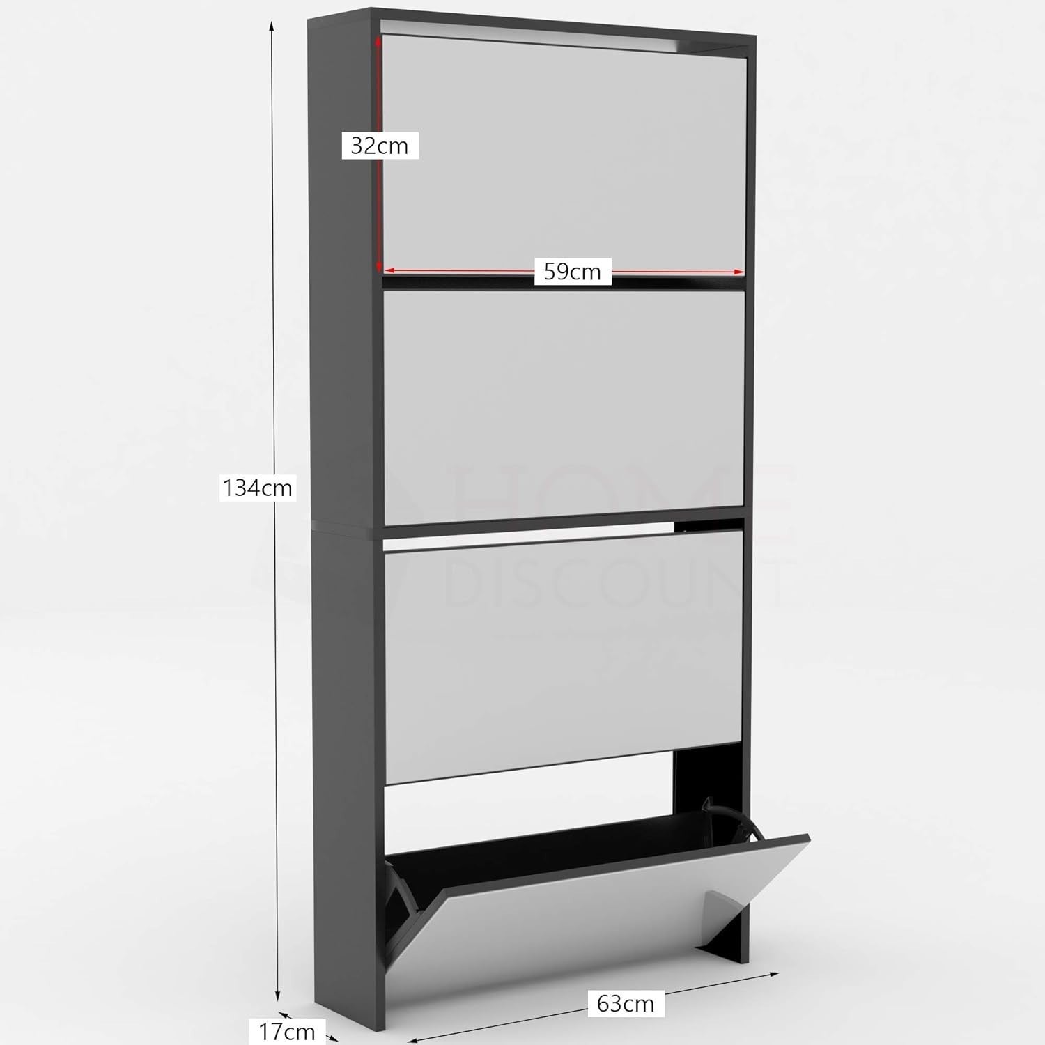 Mirrored Shoe Cabinet Black | 4 Drawer Slim Storage Unit 63x17x134cm