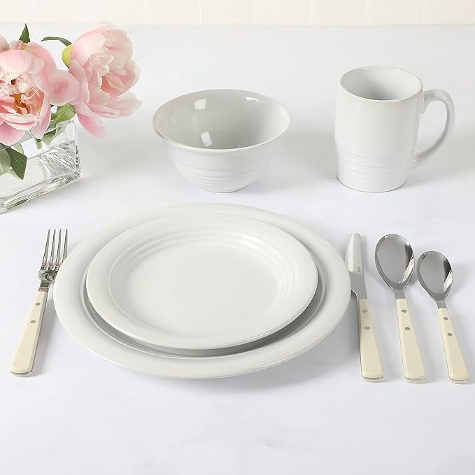 32pc Stoneware Dinnerware & Cutlery Set Service for 4 Linen White Plates