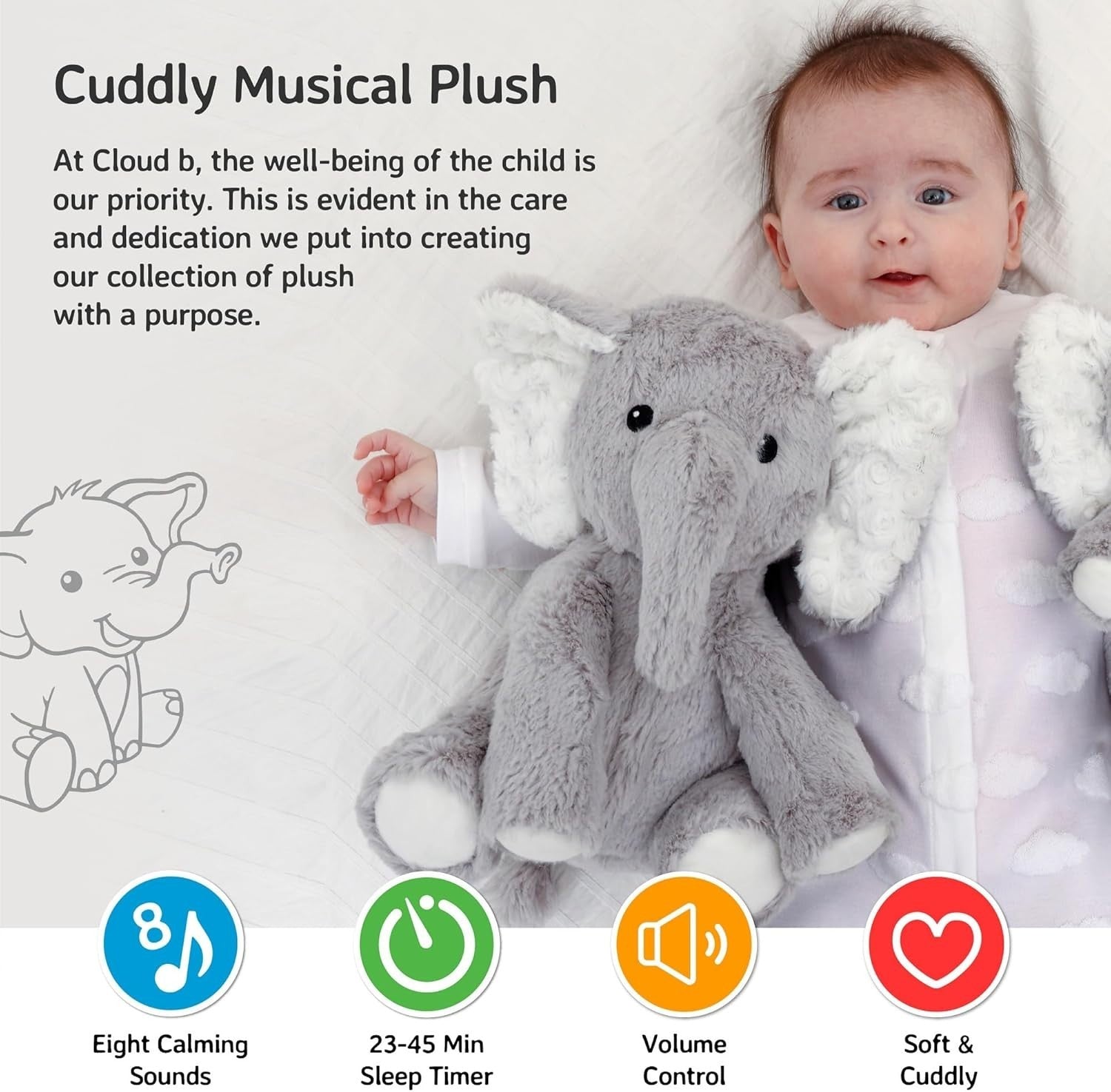 Elliot Elephant Baby Plush White Noise Machine 8 Soothing Sounds