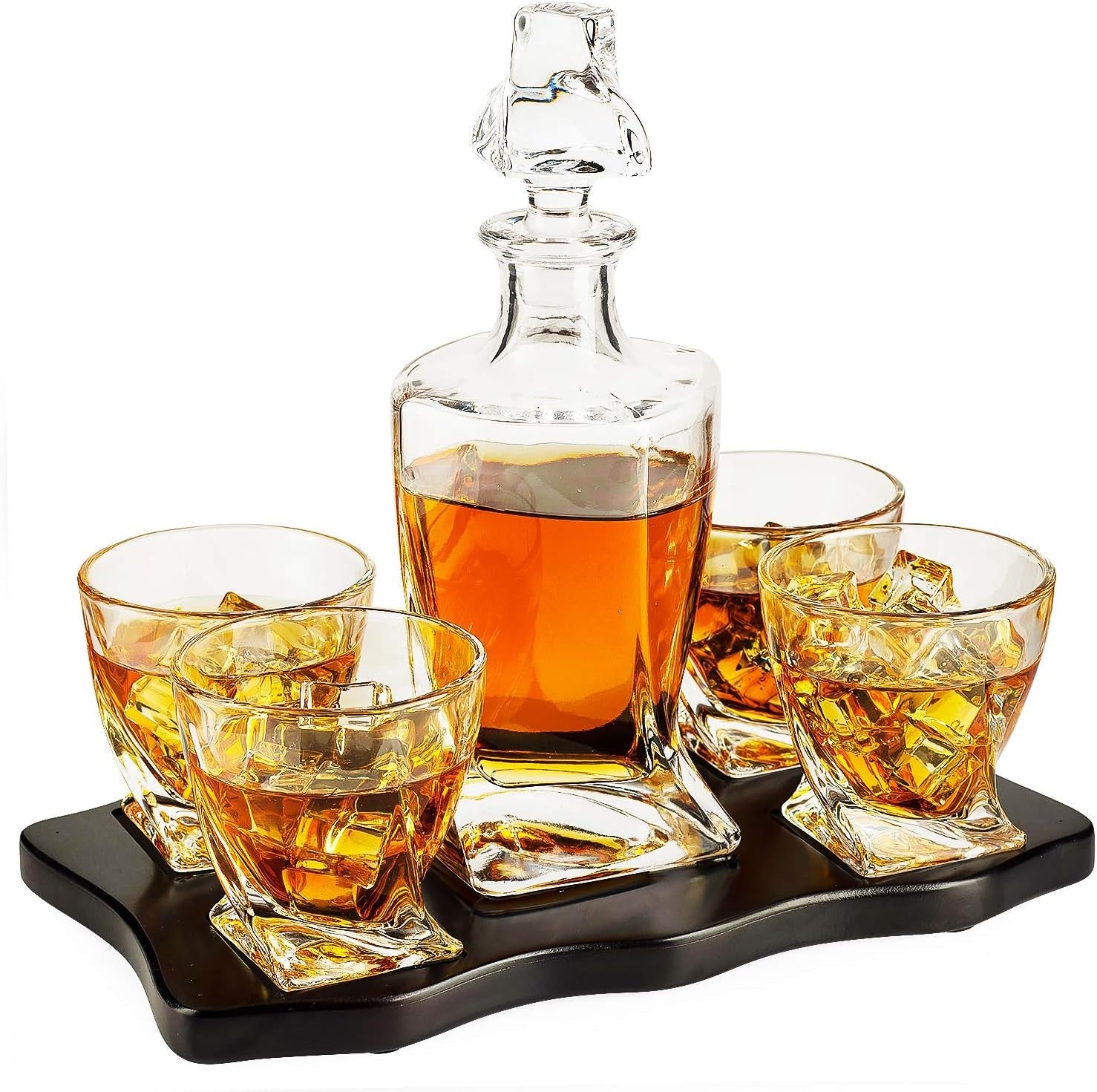 Luxury Crystal Whiskey Decanter Set 855ml with 4 Glasses & Wood Tray Gift