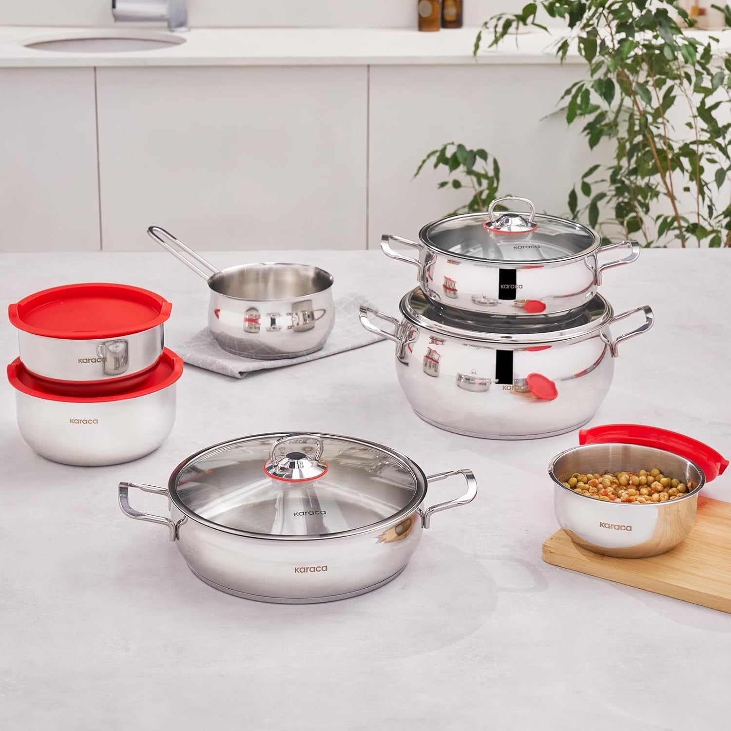 13pc Stainless Steel Induction Cookware Set with Glass Lids & Storage Containers