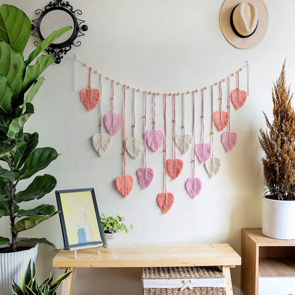 Large Boho Macrame Wall Hanging Leaf Tassel Wooden Bead Decor pink