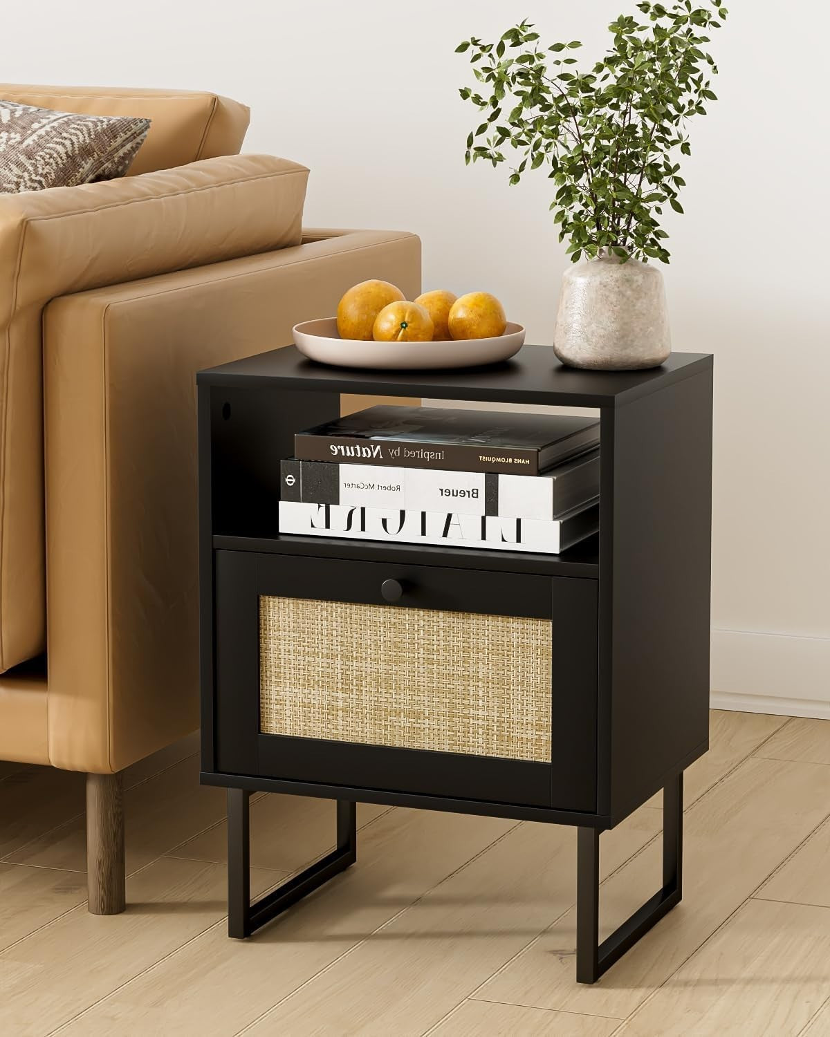 Luxury Rattan Bedside Table with Drawer Black Oak Nightstand XL Boho Style