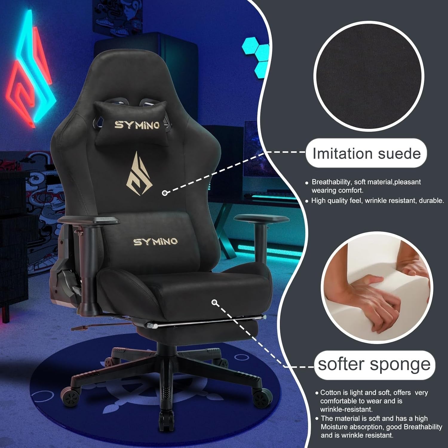 Ergonomic Gaming Chair Swivel Faux Suede Recliner Desk Office W/ Foot Rest