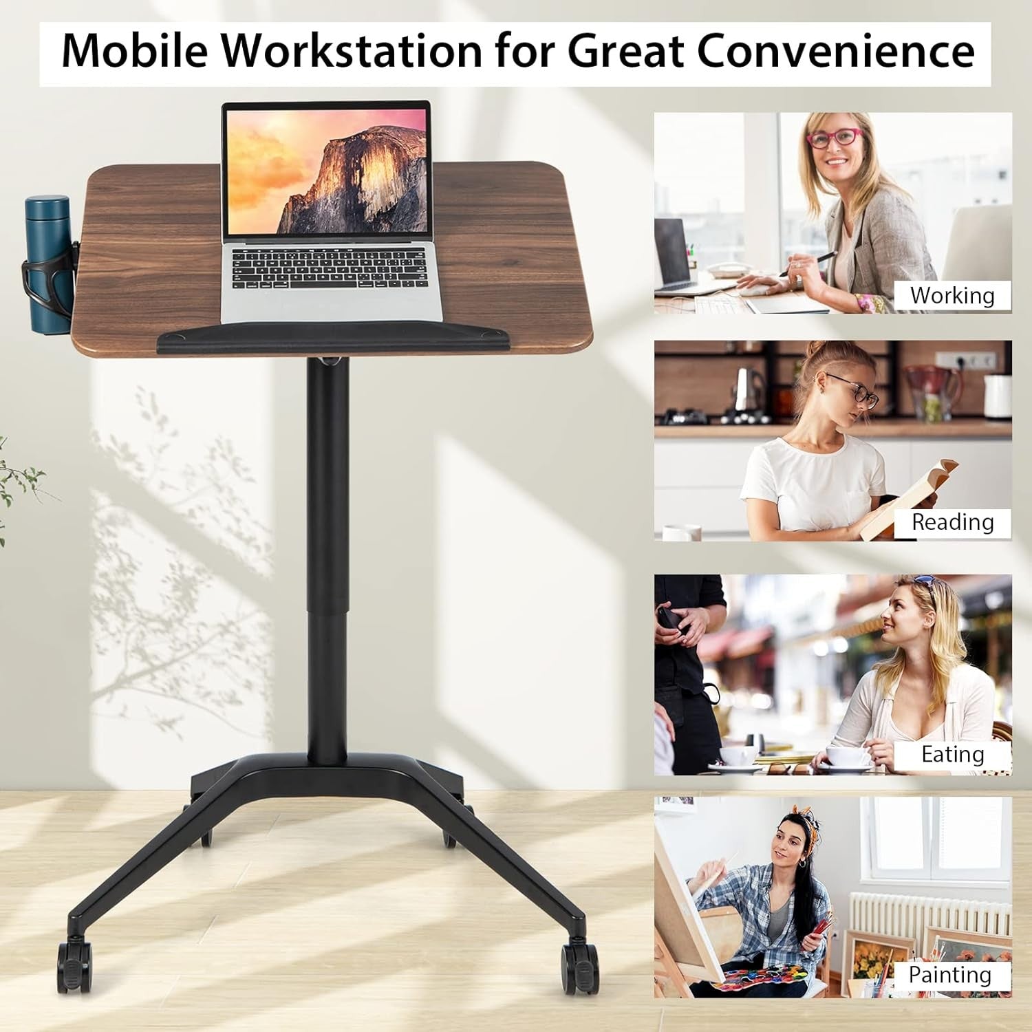 Mobile Standing Desk Sit Stand Laptop Table Tilting Top Wheels Height Adjust