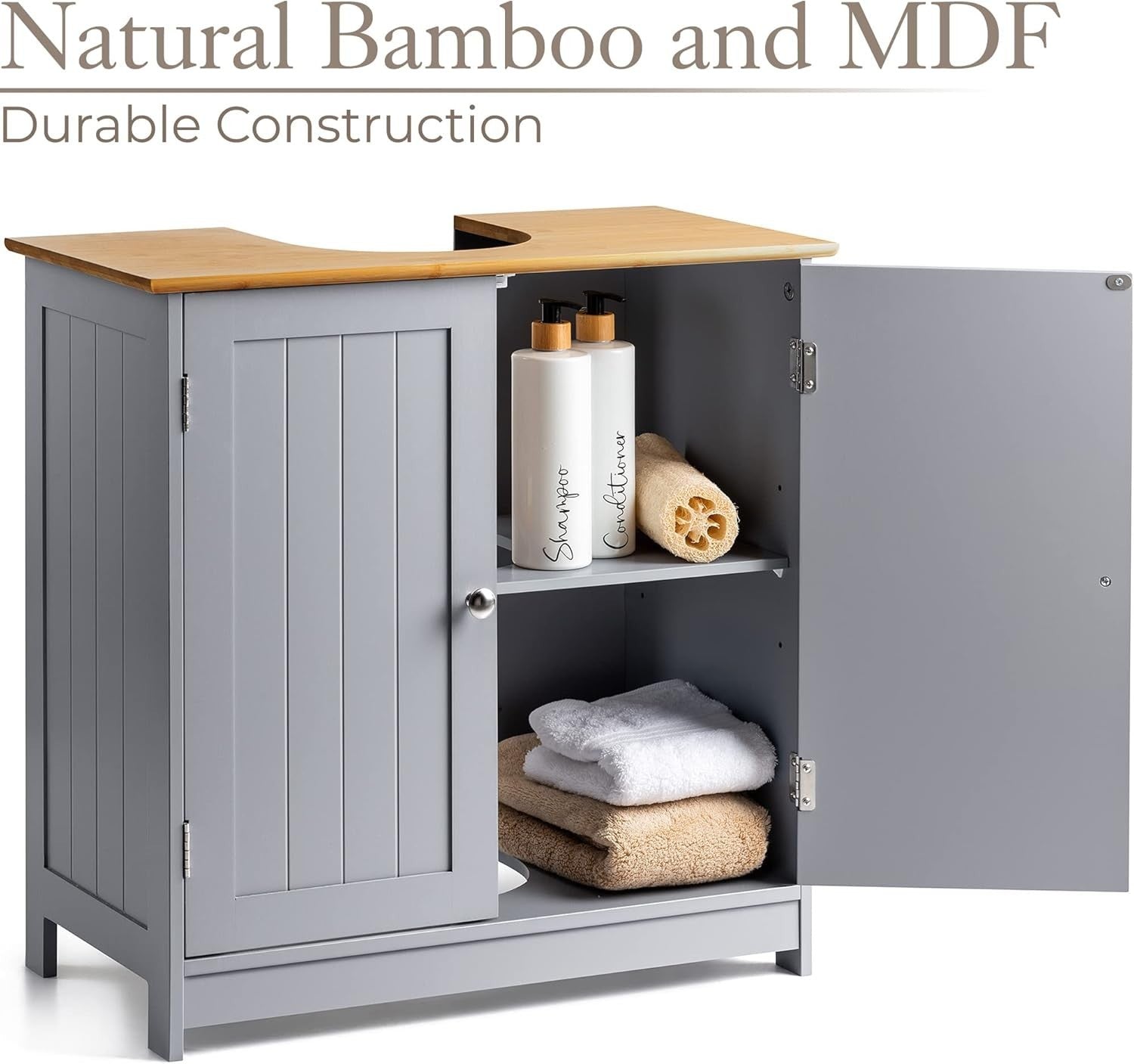 Grey Under Sink Bathroom Cabinet – 2 Door Storage Cupboard 60x30x60cm