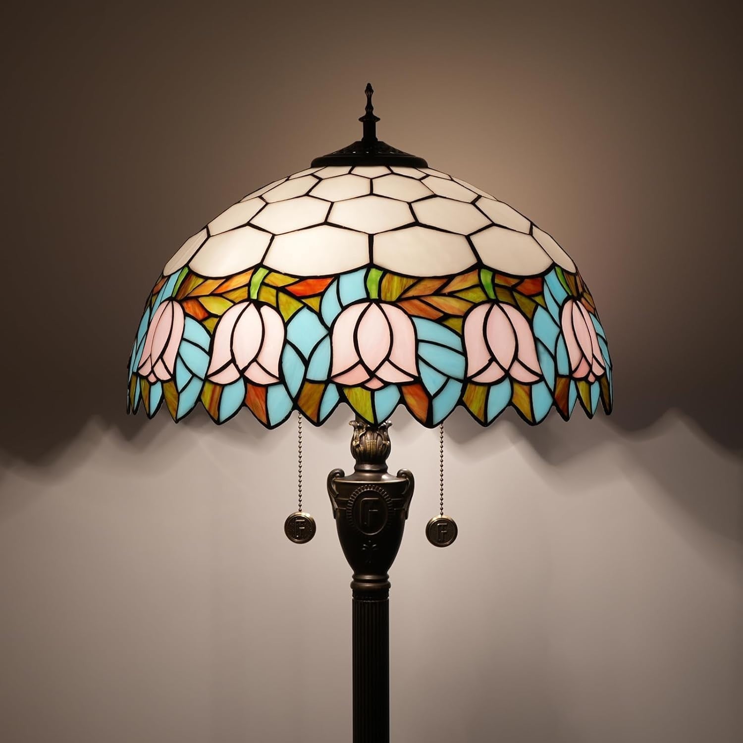 Pink Tulip Stained Glass Floor Lamp with Vintage Bronze Base & Foot Switch