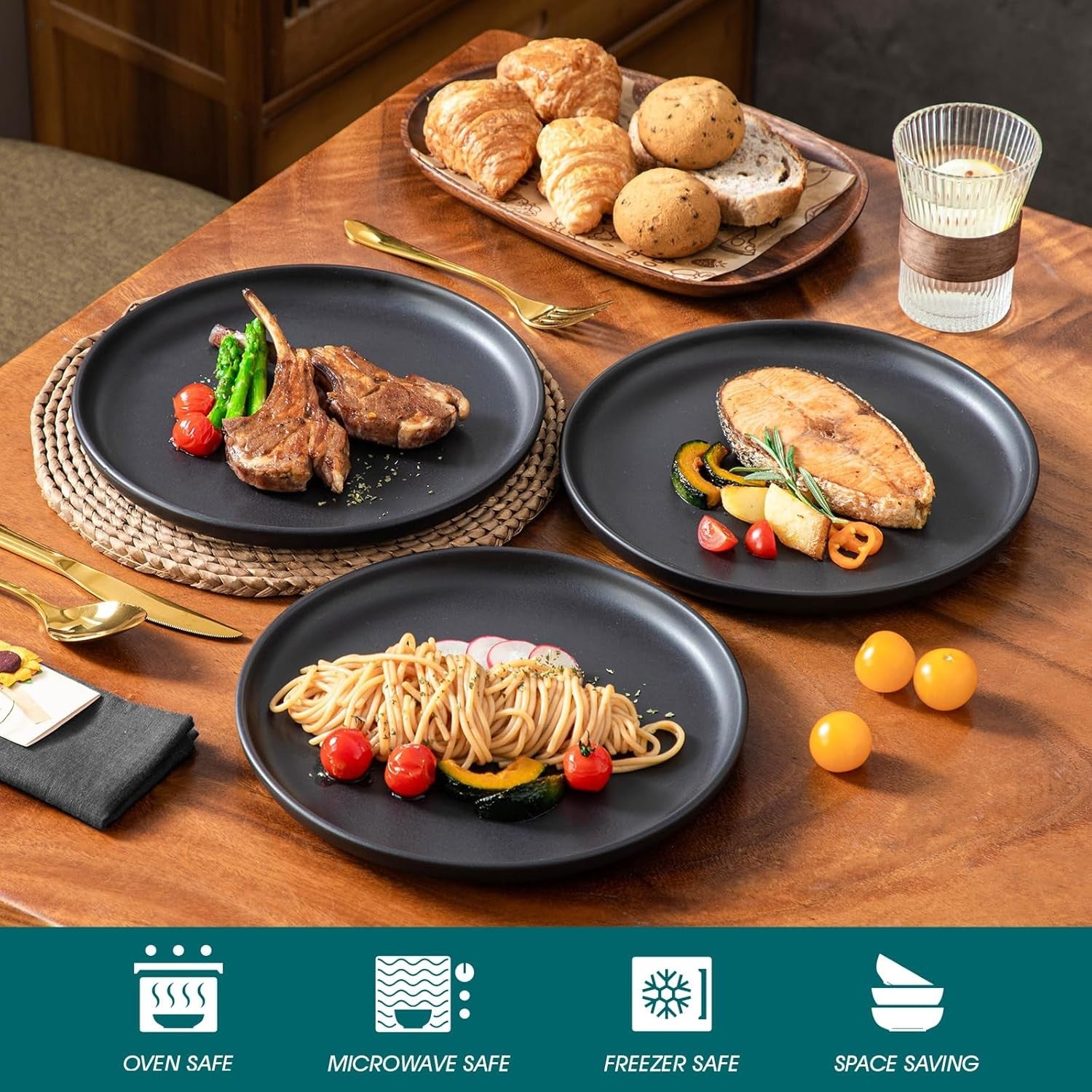10.25in Ceramic Dinner Plates Set of 6 Black Scratch Resistant Modern