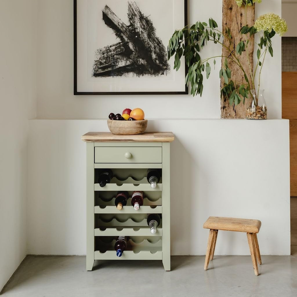 Sage Green Wine Rack Side Cabinet with Drawer | Holds 16 Bottles | Solid Wood