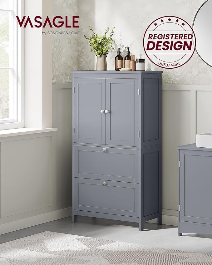 Tall Grey Bathroom Storage Cabinet with 2 Drawers & Double Doors – Adjustable